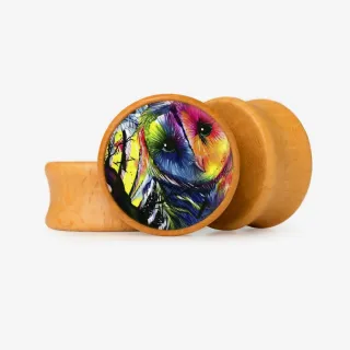 Plug Coruja Cósmica com arte de coruja estilizada e psicodélica com Base Selecionável