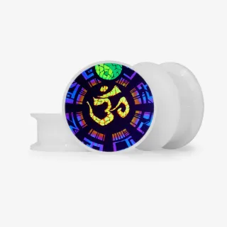 Plug Om Rave com estampa psicodélica e símbolo espiritual em fundo colorido