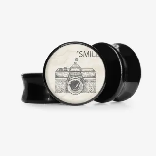 Plug Câmera Retrô com estampa de câmera vintage em alargador base selecionável