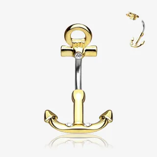 Piercing umbigo âncora dourado em aço com detalhe náutico
