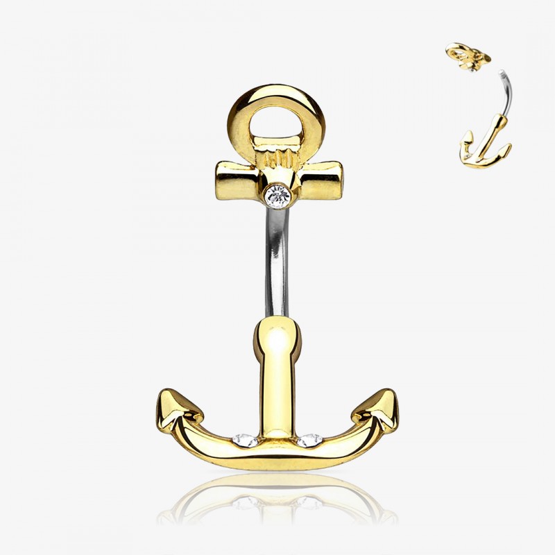 Piercing umbigo âncora dourado em aço com detalhe náutico