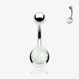 Piercing umbigo opala branca com pedra iridescente e base em aço cirúrgico