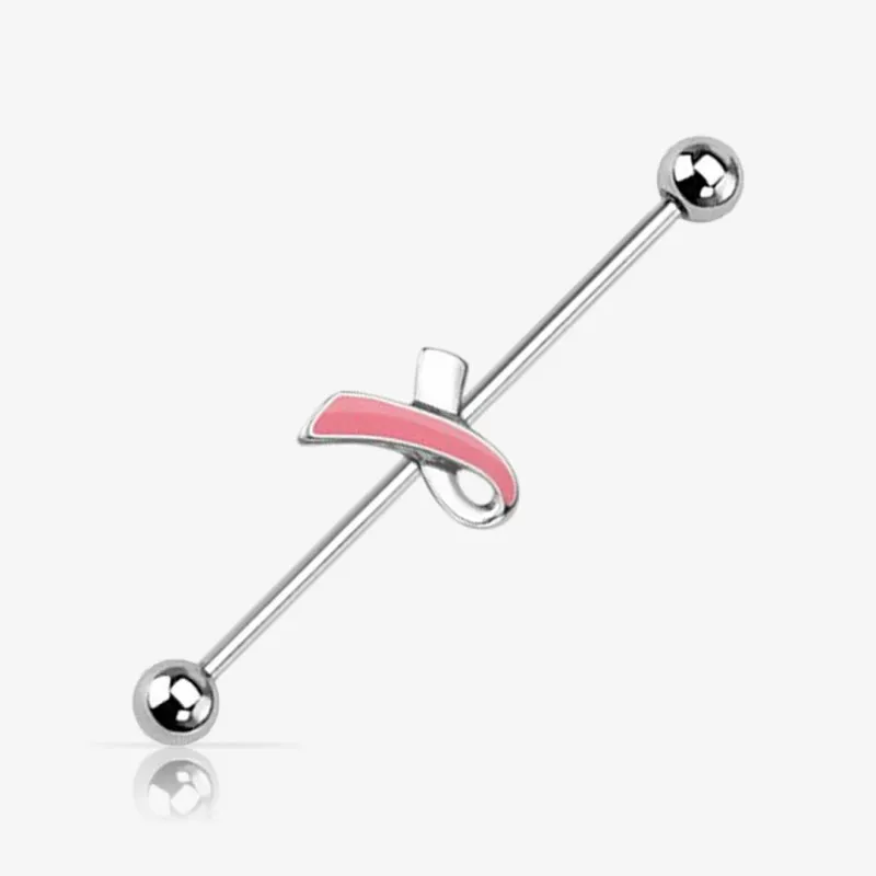 Piercing Transversal Fita Rosa em aço cirúrgico prateado com detalhe decorativo