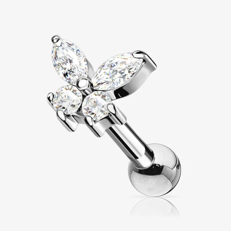 Piercing cartilagem borboleta com zircônias em aço cirúrgico feminino