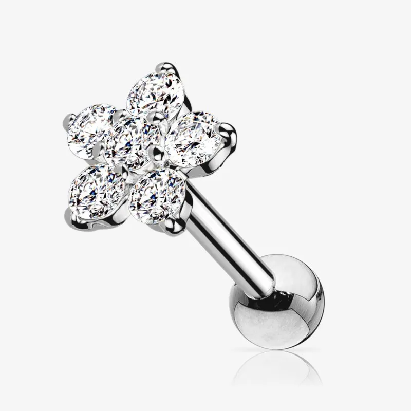Piercing cartilagem flor com zircônia em aço cirúrgico, design delicado e feminino