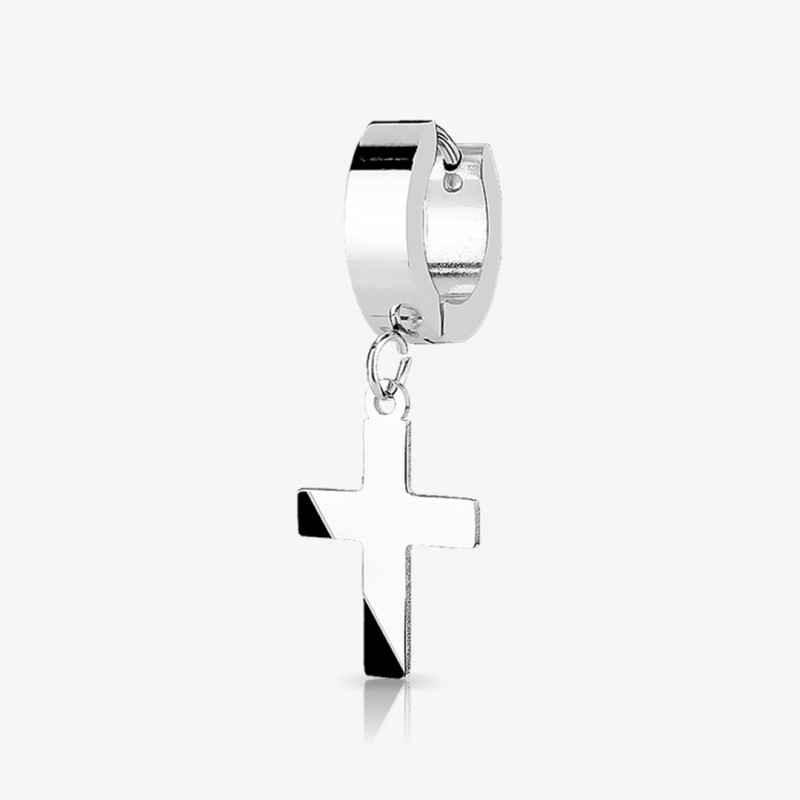 Brinco Cruz Prateado Masculino em aço cirúrgico com design moderno e masculino