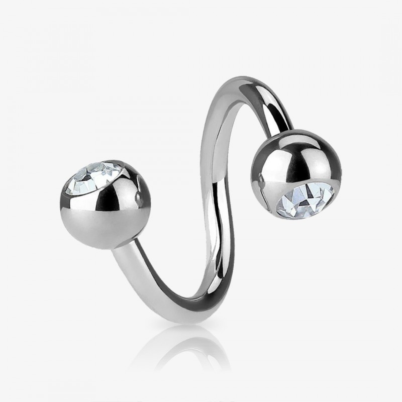 Piercing Espiral Bolinha Strass prateado com acabamento em aço cirúrgico e brilho colorido