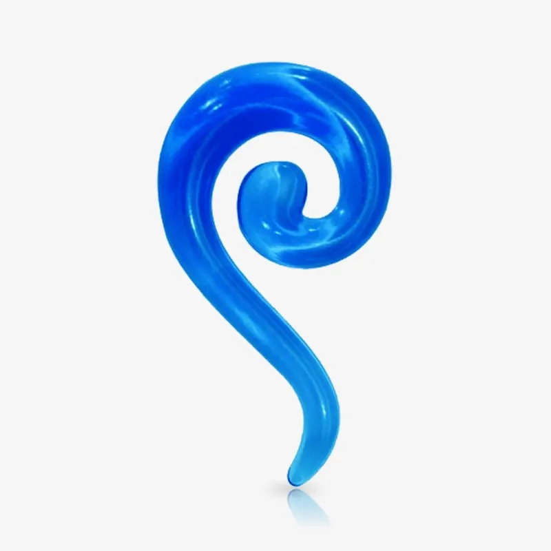 Espiral expansor de acrílico azul translúcido em formato de interrogação