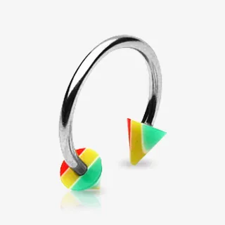 Piercing ferradura prateado com spike colorido estilo reggae em aço