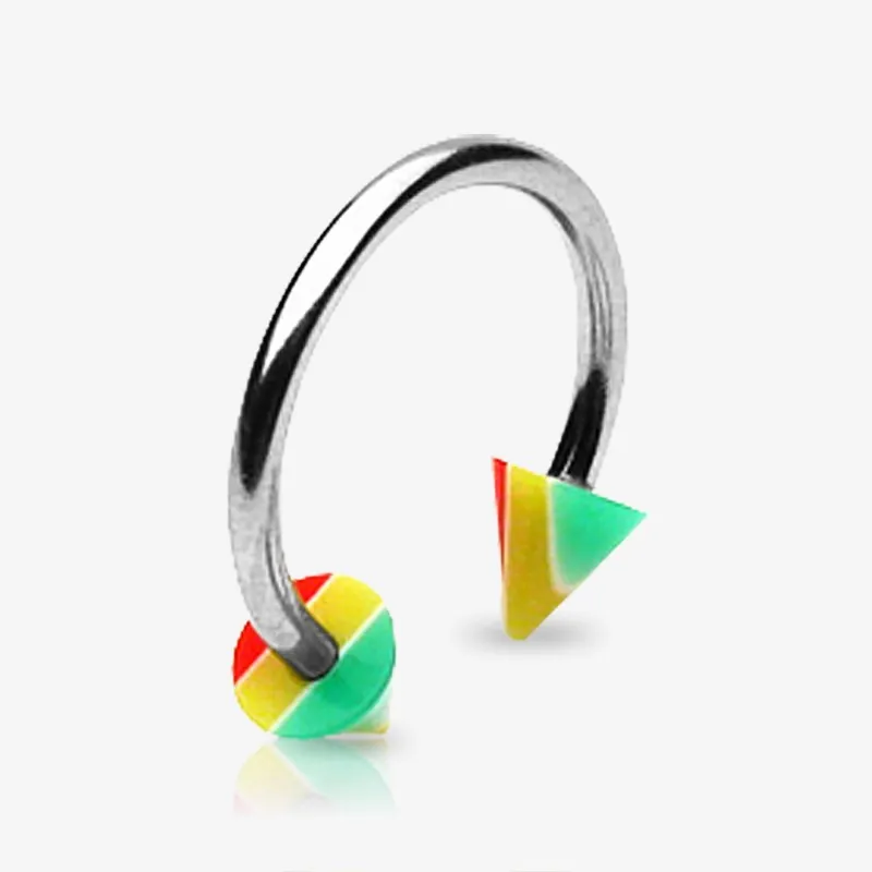 Piercing ferradura prateado com spike colorido estilo reggae em aço