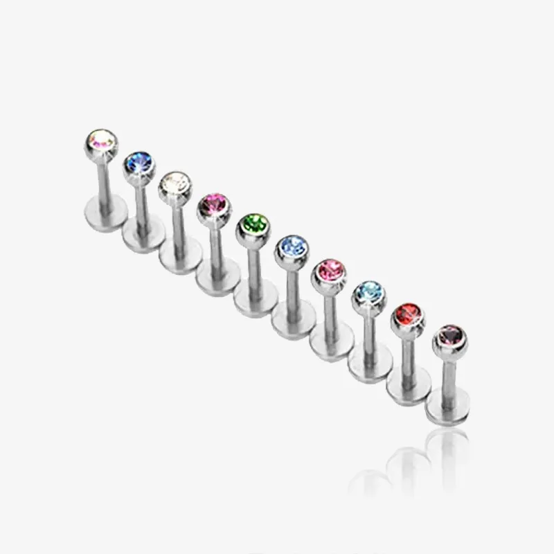 Piercing labret monroe prateado com bolinha de strass em aço cirúrgico