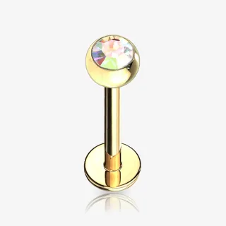 Piercing labret monroe dourado com bolinha de strass em aço cirúrgico