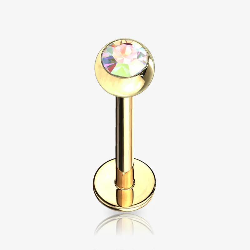 Piercing labret monroe dourado com bolinha de strass em aço cirúrgico