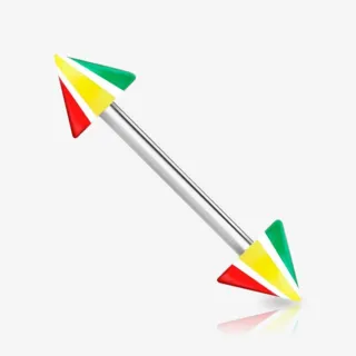 Piercing Barbell Spike Reggae com haste prateada e spikes acrílicos nas cores vermelho, amarelo e verde