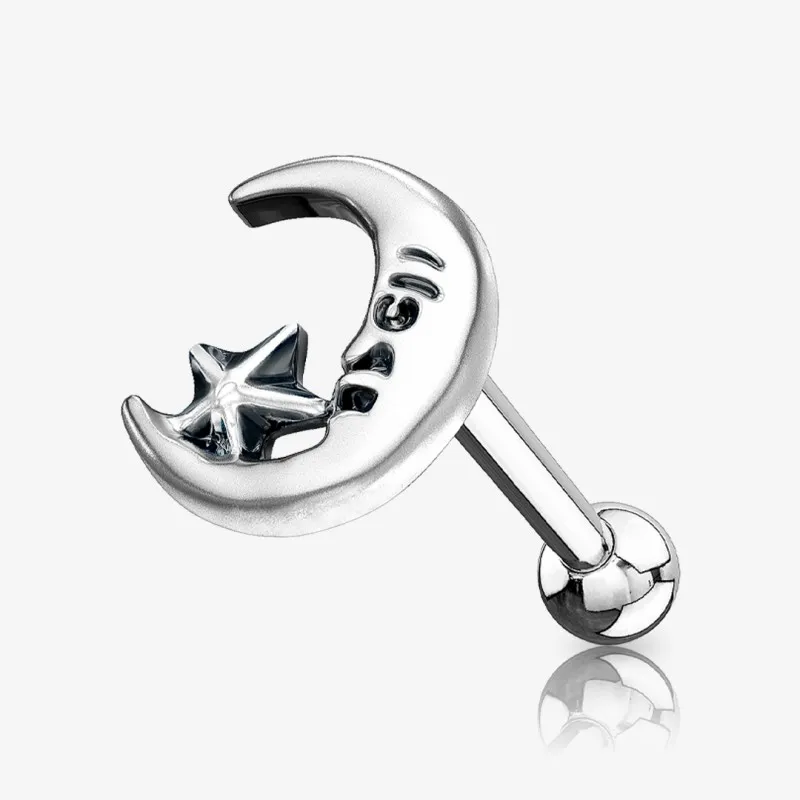 Piercing Barbell Lua Estrela em aço cirúrgico prateado com design delicado e simbólico