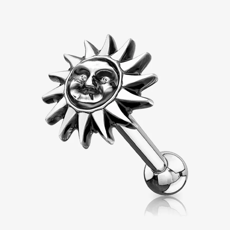 Piercing Barbell Sol Tribal em aço cirúrgico com design tribal detalhado.