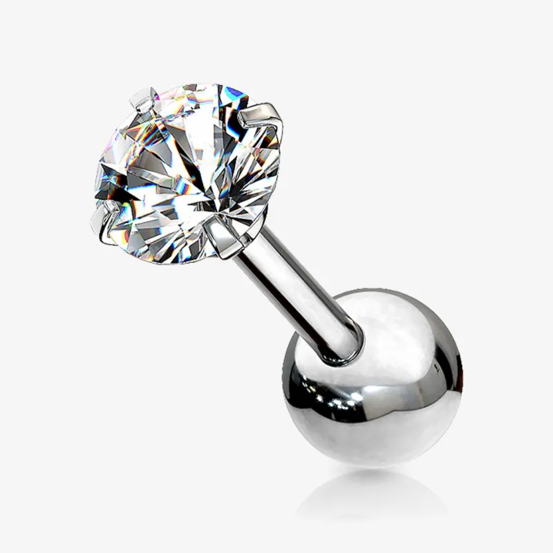 Piercing Barbell Zircônia com pedra redonda em aço cirúrgico prateado