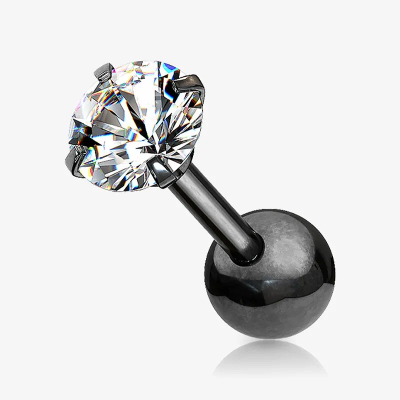 Piercing Barbell Zircônia Redonda em aço cirúrgico preto com brilho sofisticado