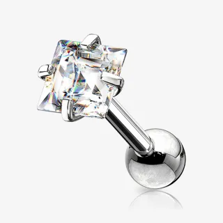 Piercing Barbell Zircônia Quadrada em aço cirúrgico com acabamento prateado para tragus