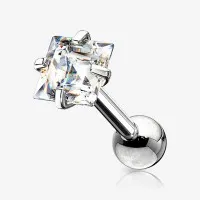 Piercing Barbell Zircônia Quadrada em Aço Cirúrgico Prateado