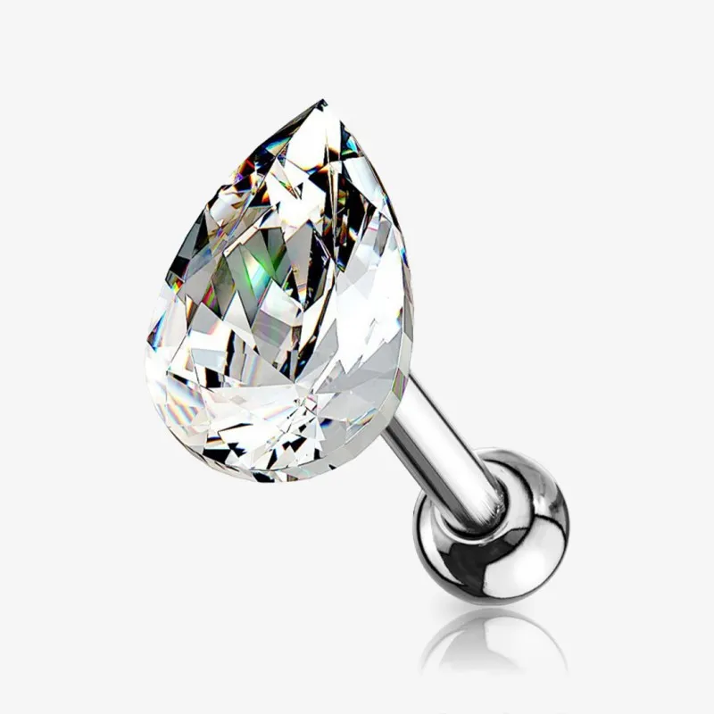 Piercing barbell com cristal em formato de gota feito em aço cirúrgico hipoalergênico