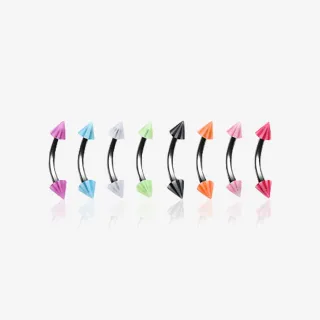 Piercing curvo de aço cirúrgico prateado com spike acrílico estilo pirulito.