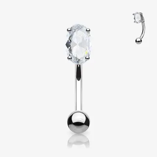 Piercing Curvo Zircônia Oval em aço cirúrgico prateado para sobrancelha