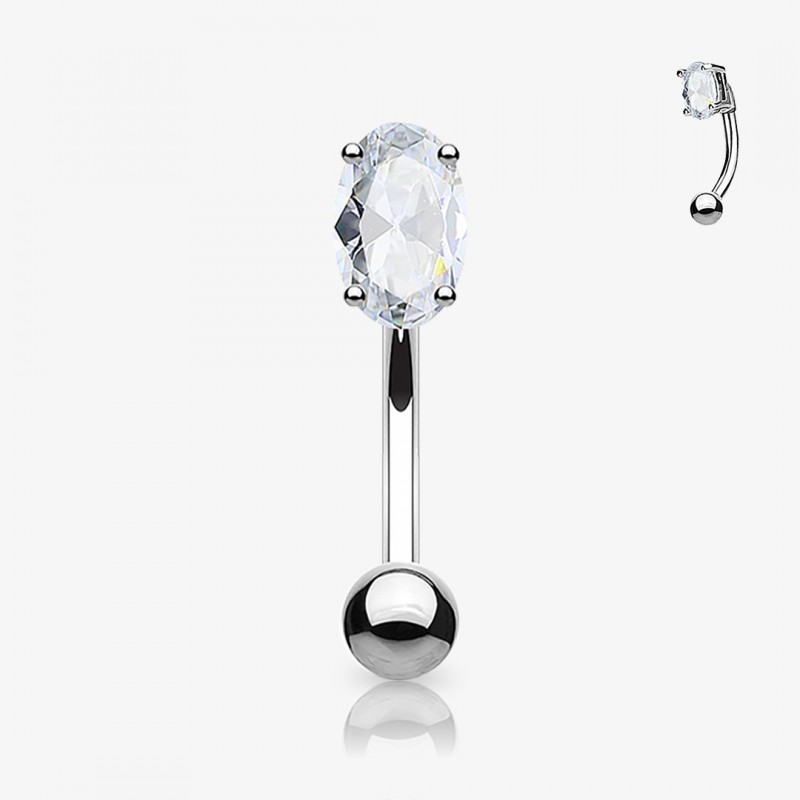 Piercing Curvo Zircônia Oval em aço cirúrgico prateado para sobrancelha