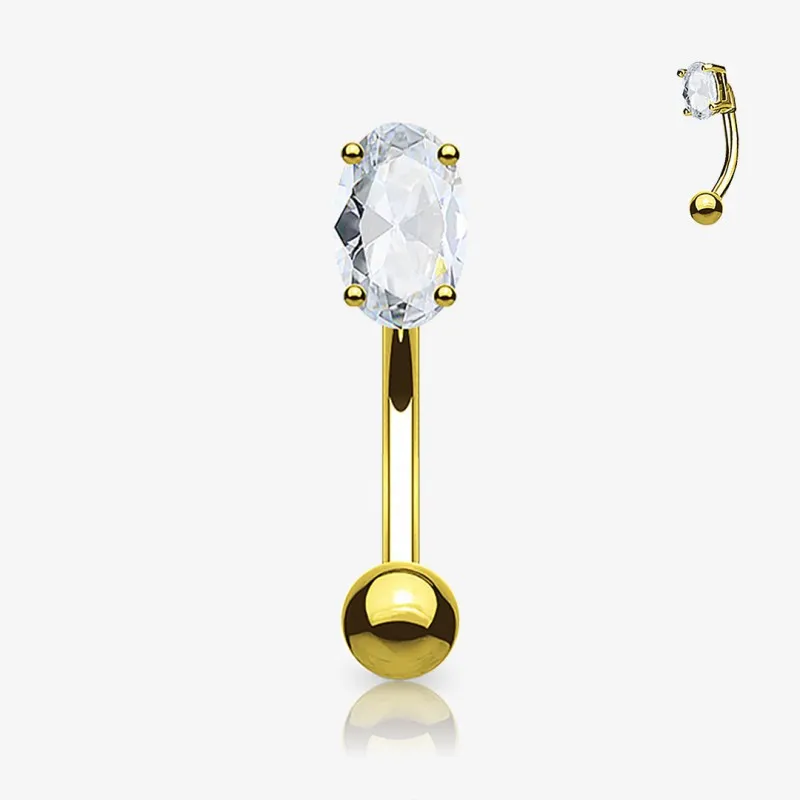 Piercing Curvo Zircônia Oval de Aço Cirúrgico Dourado
