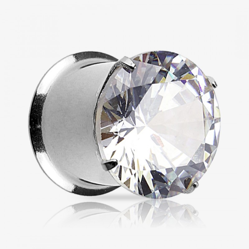 Alargador Plug Prateado Zircônia Pedra Única - Aço cirúrgico