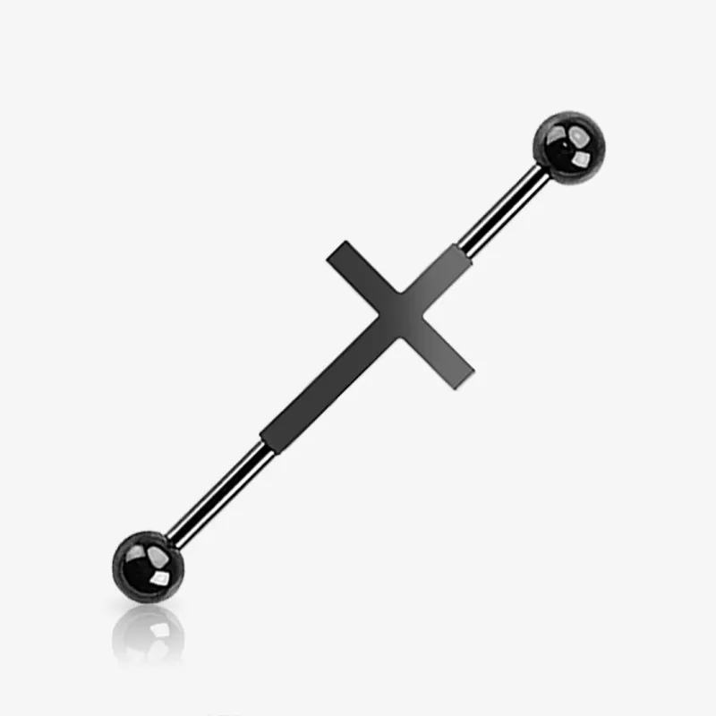Piercing Transversal Cruz 3D em aço cirúrgico nas cores preto, prata e dourado.