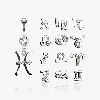 Piercing Umbigo com símbolos do zodíaco em aço cirúrgico