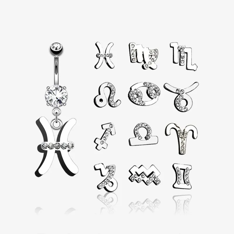 Piercing Umbigo com símbolos do zodíaco em aço cirúrgico