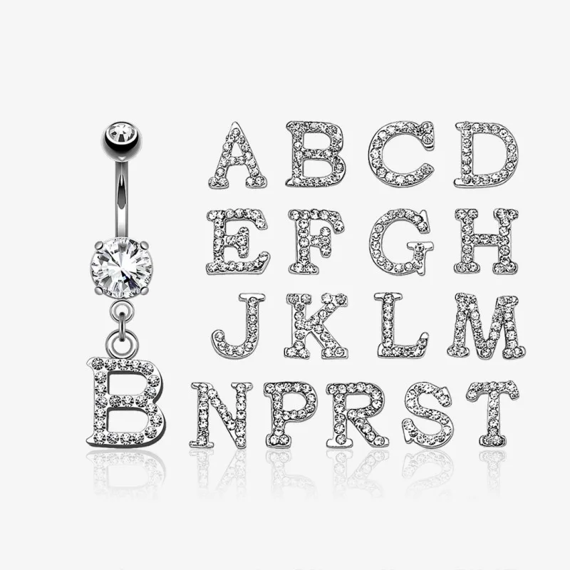 Piercing Umbigo Letra Inicial em strass personalizado de aço cirúrgico