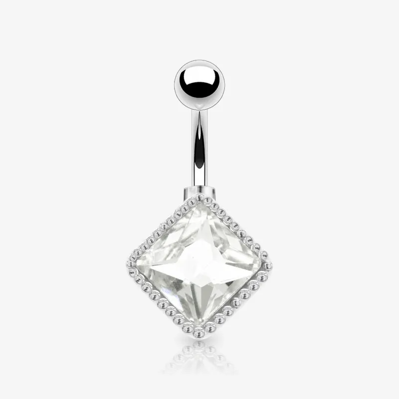 Piercing umbigo quadrilátero com strass em aço cirúrgico de luxo