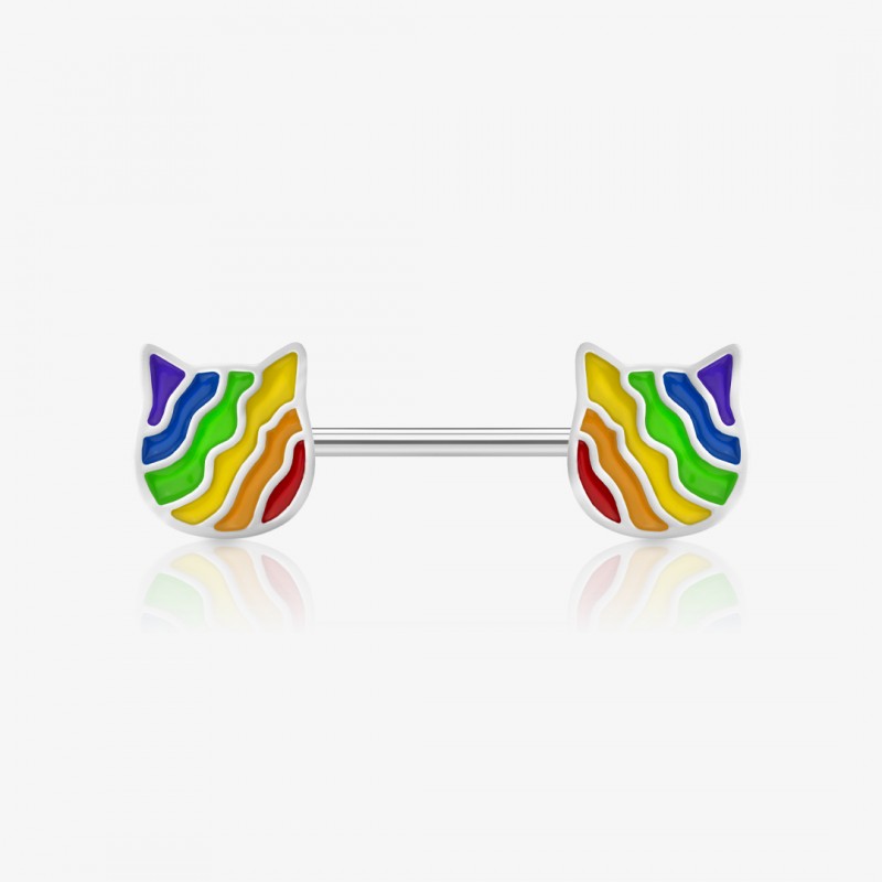 Piercing Mamilo Gato-íris em aço cirúrgico com detalhe arco-íris e orelhas de gato