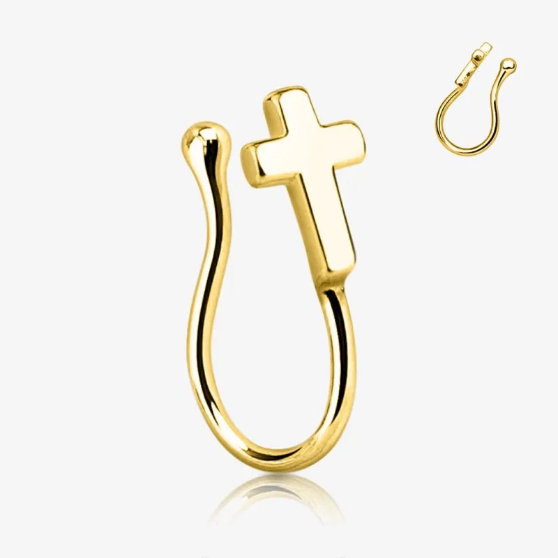 Piercing nariz falso nostril em formato de cruz dourada, feito em aço cirúrgico.