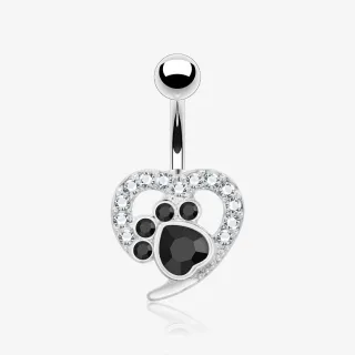 Piercing umbigo pet com coração e pata cravejados de zircônia