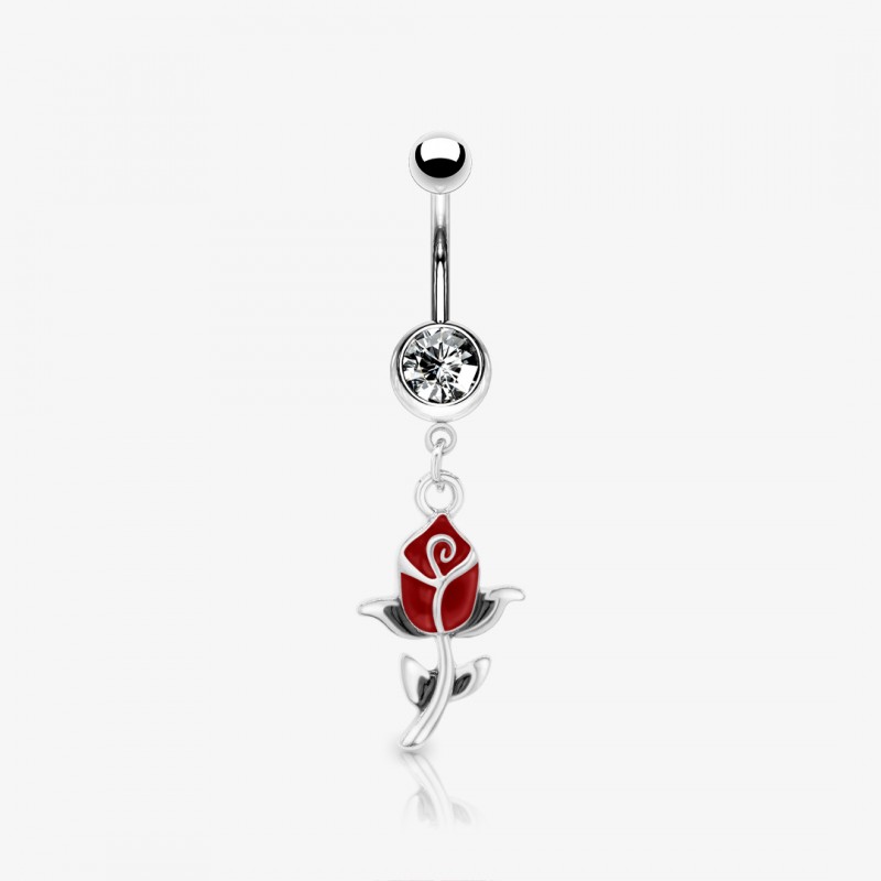 Piercing umbigo rosa com flor vermelha em aço cirúrgico