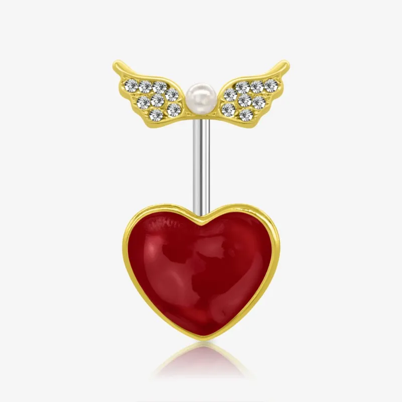 Piercing umbigo coração com asas cravejadas em aço cirúrgico 316L