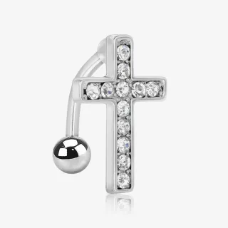 Piercing umbigo invertido com cruz em aço inox delicado e moderno