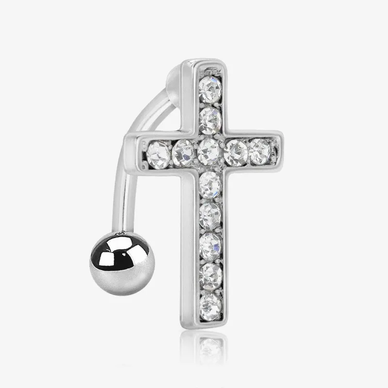 Piercing umbigo invertido com cruz em aço inox delicado e moderno