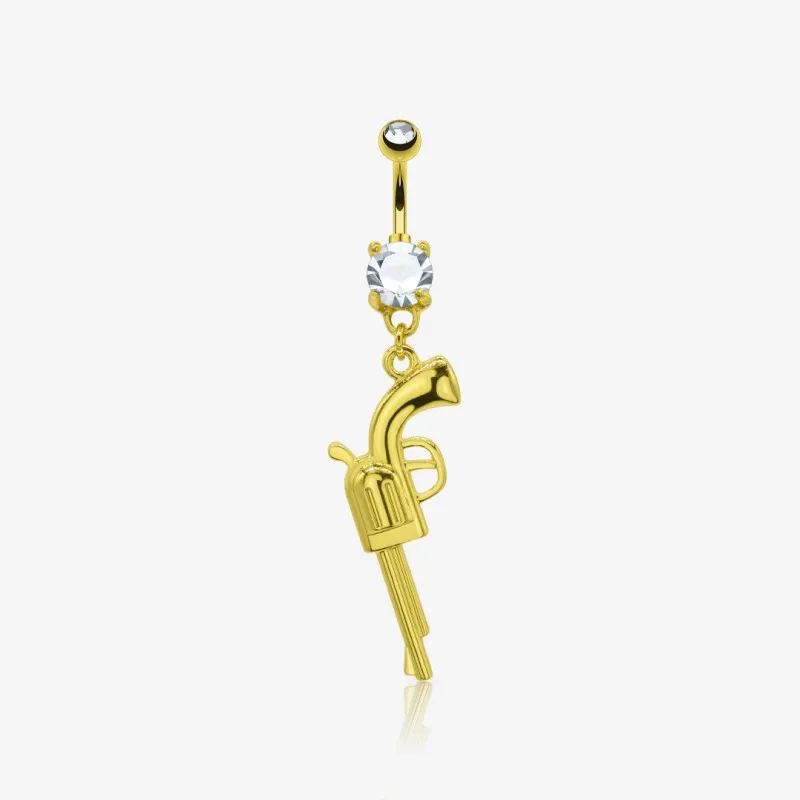 Piercing Umbigo Revólver em aço cirúrgico com pingente de arma prateada