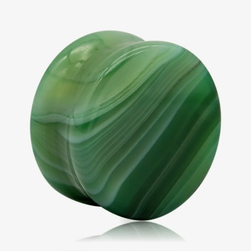 Plug de Pedra Ágata verde com formato reto e superfície lisa, ideal para alargadores.