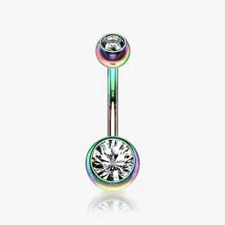 Piercing umbigo rainbow com duplo strass em aço cirúrgico colorido