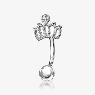 Piercing sobrancelha rainha com coroa dourada brilhante e haste curvada em aço cirúrgico.