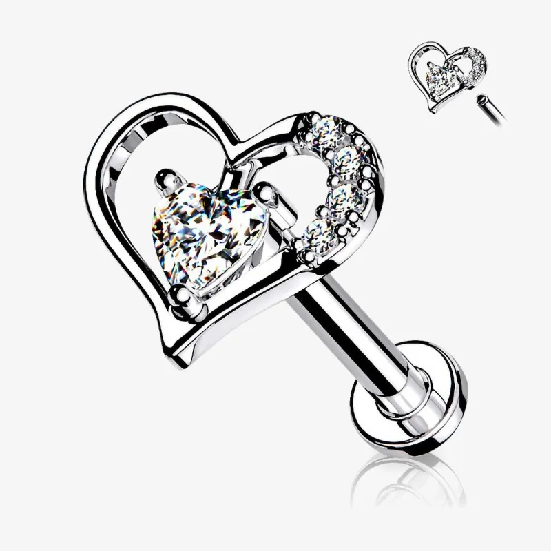 Piercing Cartilagem Labret Coração com zircônia brilhante e acabamento em aço cirúrgico.