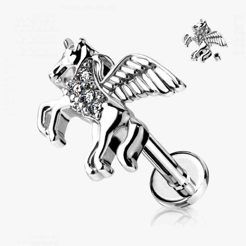 Piercing Cartilagem Labret Unicórnio com asas detalhadas e acabamento prateado