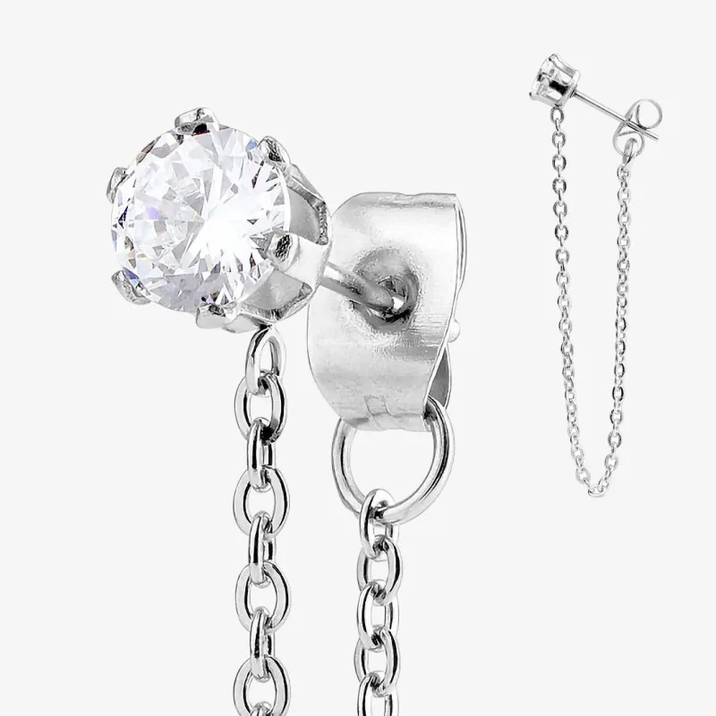 Brinco Corrente e Zircônia feminino em aço cirúrgico com design delicado