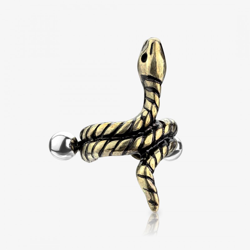 Piercing Hélix Snake Dourado com formato de cobra detalhado em aço